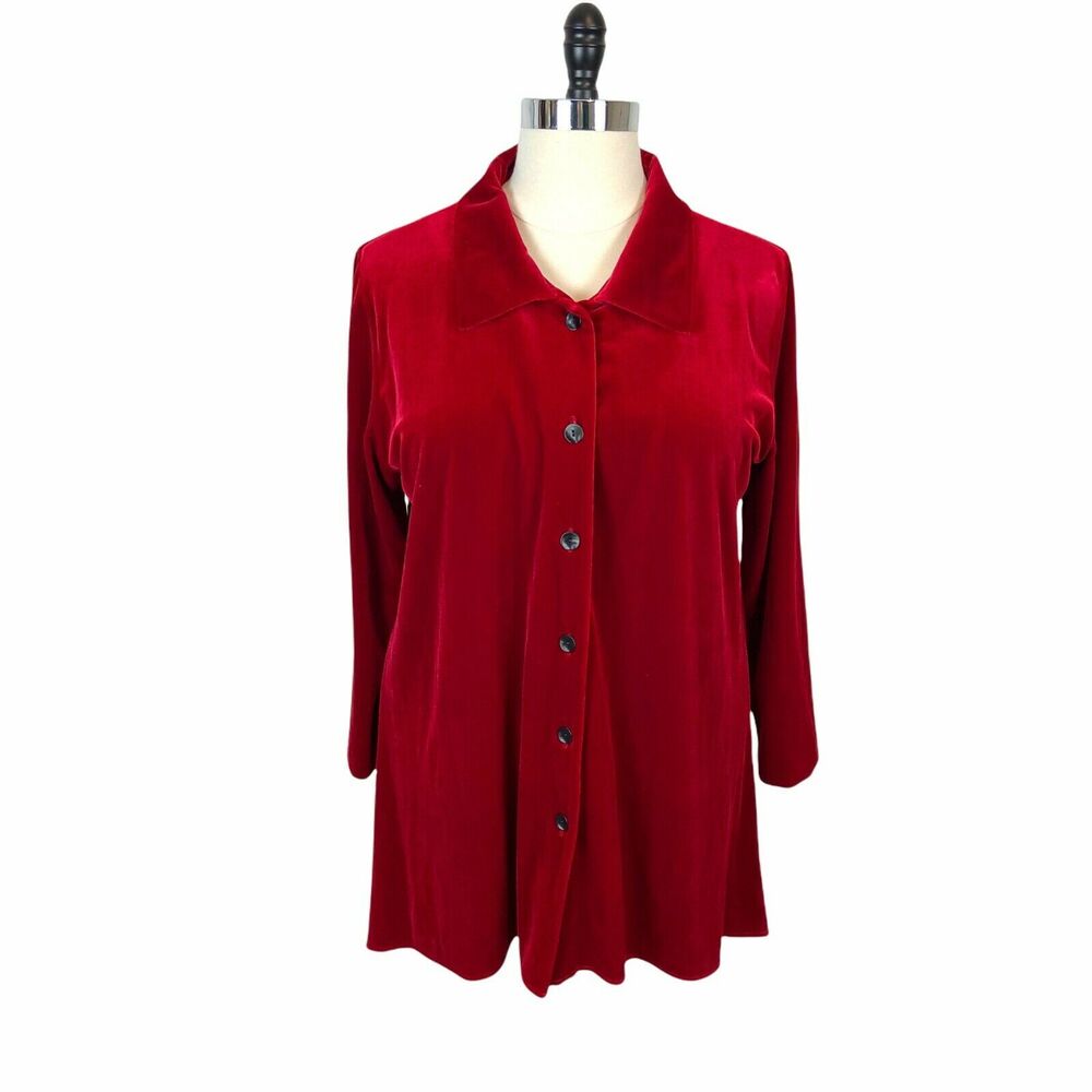 Caroline Rose Shirt Jacket Women's Red Velour Luxury Designer Collared size 1X